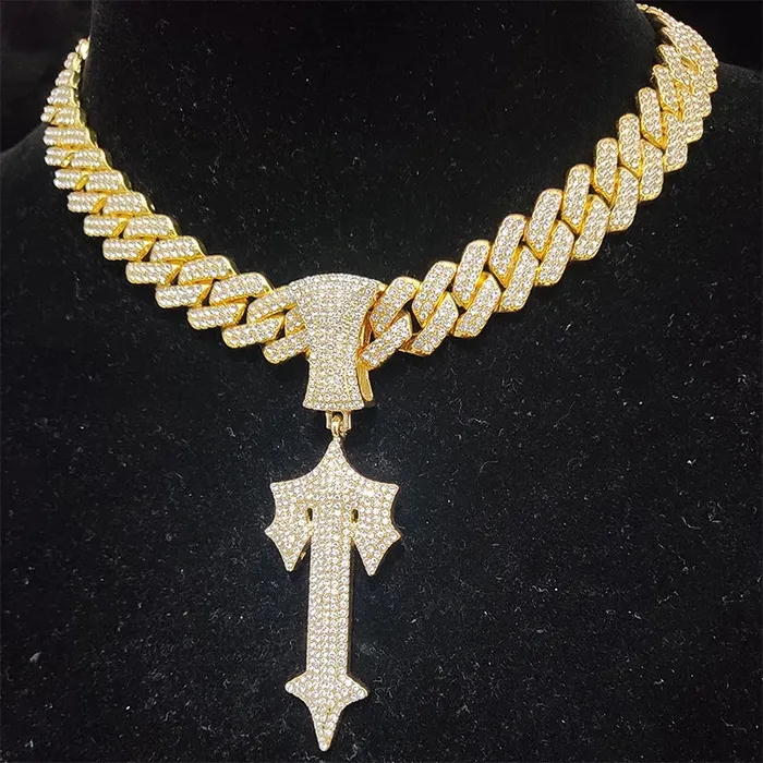 Hip Hop Letter Iced Out Cross Sword Necklace VVS Jewelry Necklaces