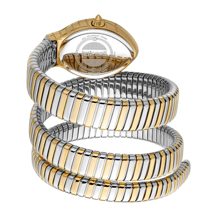 Bracelets Just Cavalli Just Cavalli Snake Shape Womens Watch Gold Color Case Silver Dial Two Tone Bracelet