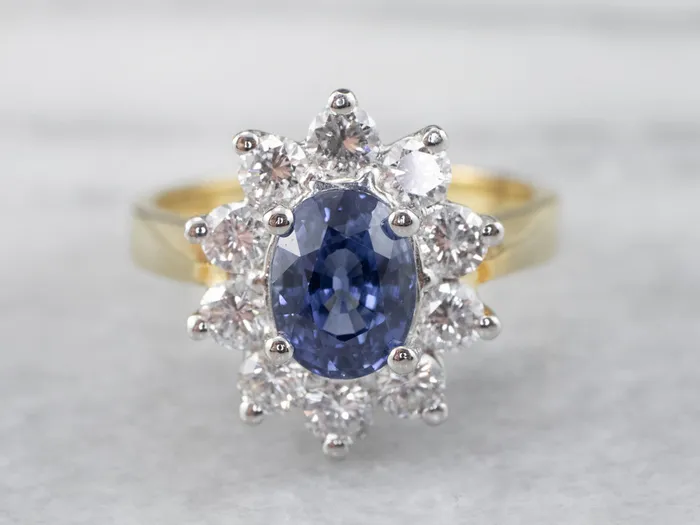 18K Gold and Platinum Sapphire Diamond Halo Ring Market Square Jewelers Rings
