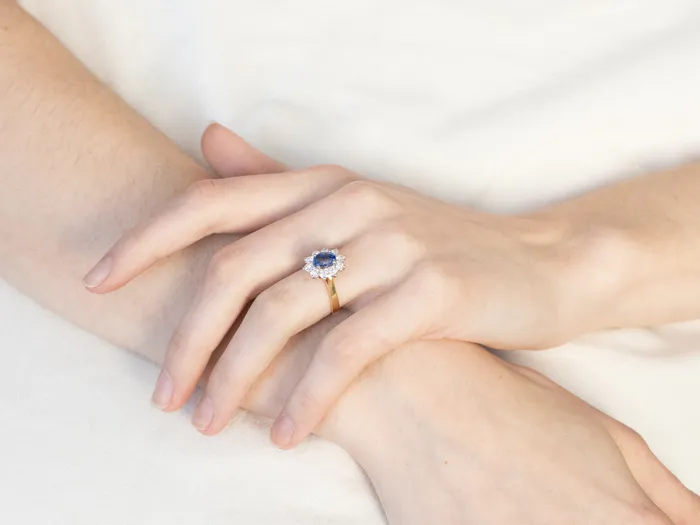 18K Gold and Platinum Sapphire Diamond Halo Ring Market Square Jewelers Rings 18K Gold and Platinum Sapphire Diamond Halo Ring Market Square Jewelers Rings