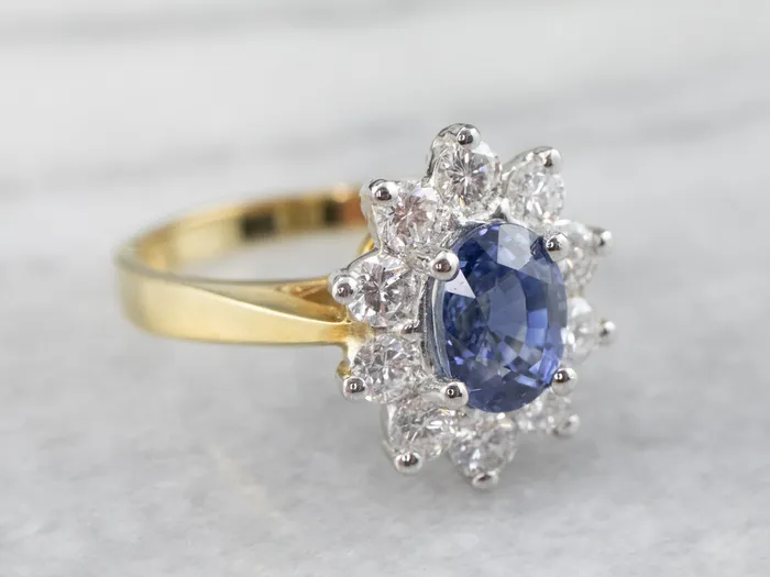 18K Gold and Platinum Sapphire Diamond Halo Ring Market Square Jewelers Rings 18K Gold and Platinum Sapphire Diamond Halo Ring Market Square Jewelers Rings