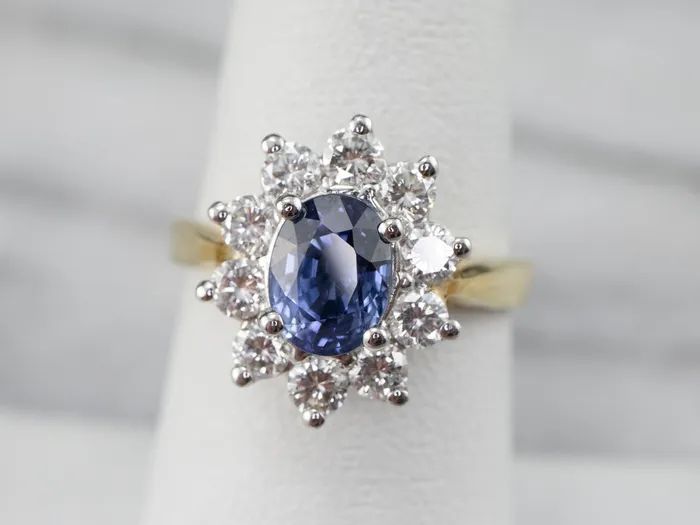 18K Gold and Platinum Sapphire Diamond Halo Ring Market Square Jewelers Rings 18K Gold and Platinum Sapphire Diamond Halo Ring Market Square Jewelers Rings