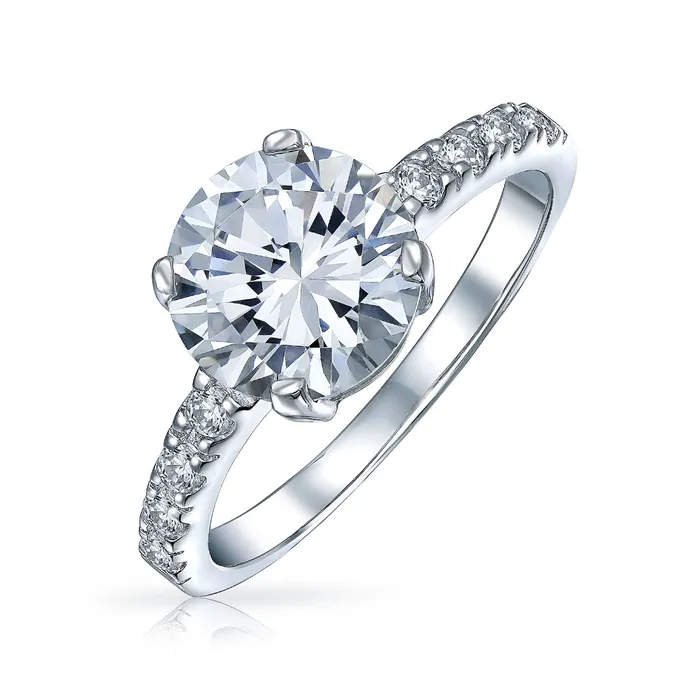 4CT AAA CZ Round Brilliant Solitaire Engagement Ring with Pave Side Stones BlingJewelry Wholesale Rings