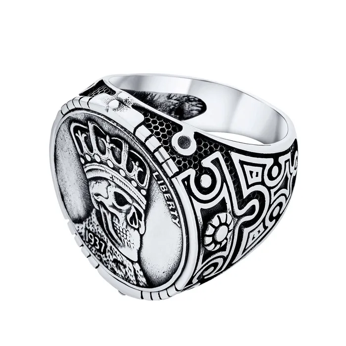 BlingJewelry Wholesale Rings Statement Eagle Head Liberty Coin Mens Silver Ring Punk Biker Jewelry Gothic Skull