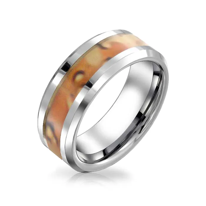 BlingJewelry Wholesale Rings Tungsten Wedding Band Ring with Brown Camouflage Inlay for Men Silver Tone