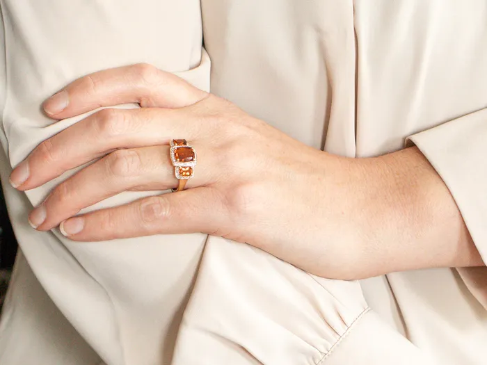 Market Square Jewelers Modern Citrine Gemstone Ring with Diamond Halo Rings