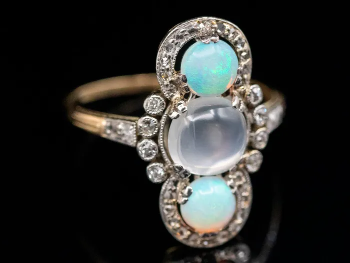 Market Square Jewelers Rings Antique Moonstone Opal Old Mine and Rose Cut Diamond Ring