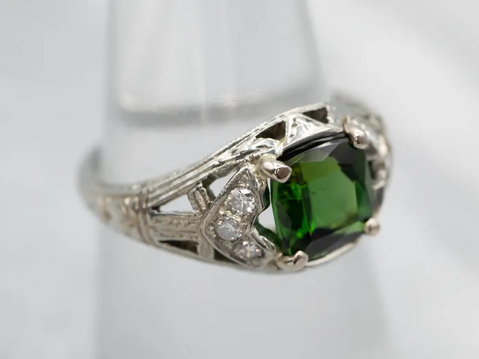 Market Square Jewelers Rings Luxurious White Gold Green Tourmaline Ring with Diamond Accents Market Square Jewelers Rings Luxurious White Gold Green Tourmaline Ring with Diamond Accents
