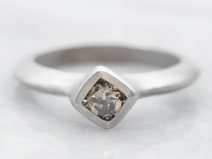 Market Square Jewelers Rings Matte White Gold Bezel Set Square Cut Champagne Diamond Solitaire Ring