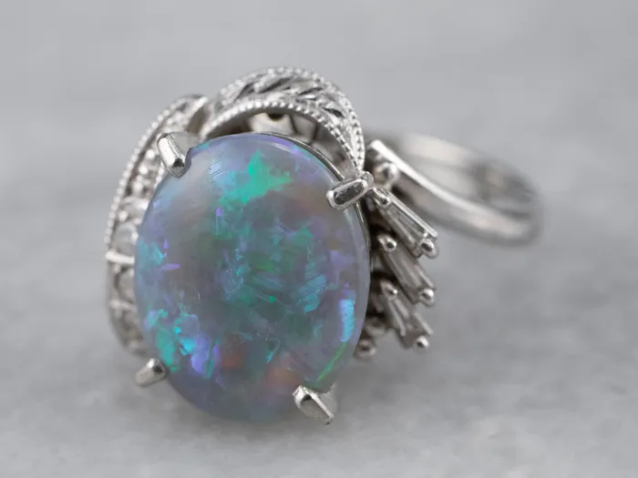 Market Square Jewelers Rings Platinum Black Opal and Diamond Cocktail Ring