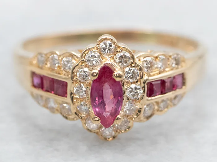 Modern Gold Ruby Ring with Diamond Halo and Shoulders Market Square Jewelers Rings Modern Gold Ruby Ring with Diamond Halo and Shoulders Market Square Jewelers Rings