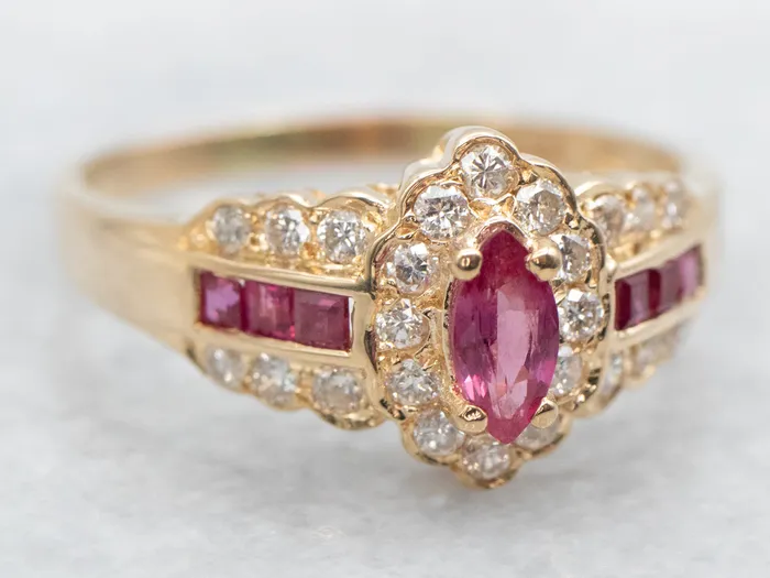 Modern Gold Ruby Ring with Diamond Halo and Shoulders Market Square Jewelers Rings Modern Gold Ruby Ring with Diamond Halo and Shoulders Market Square Jewelers Rings