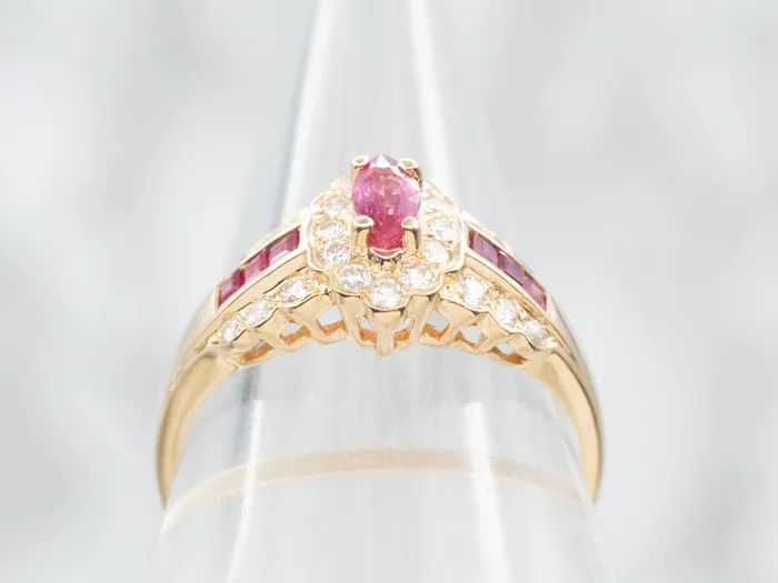 Modern Gold Ruby Ring with Diamond Halo and Shoulders Market Square Jewelers Rings Modern Gold Ruby Ring with Diamond Halo and Shoulders Market Square Jewelers Rings