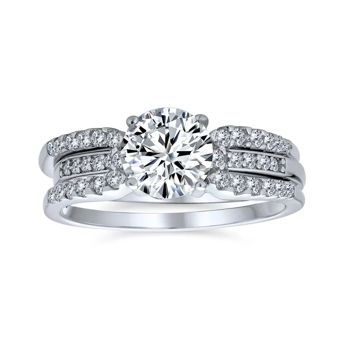 Rings BlingJewelry Wholesale Cocktail Statement Ring 3CT Round Solitaire CZ Pave Band Guard Enhancer Silver Set