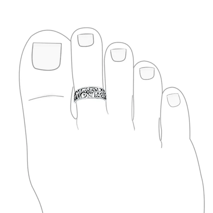 Rings BlingJewelry Wholesale Flowers Carved Swirl Filigree Sterling Silver Midi Toe Ring