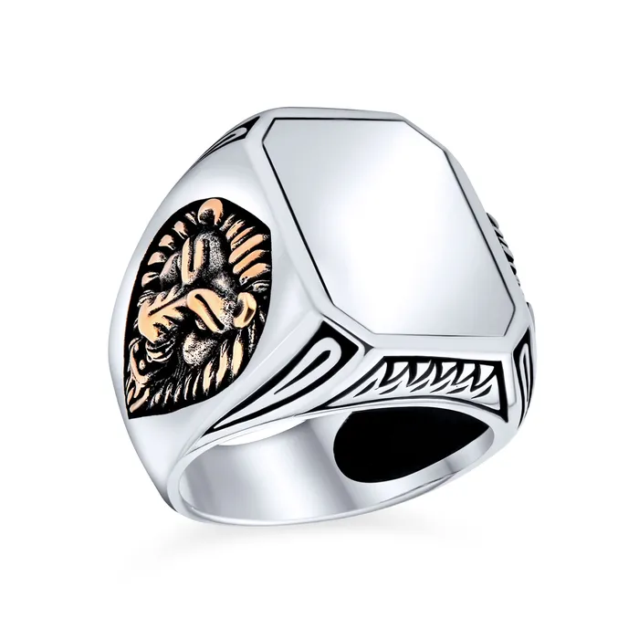 Rings BlingJewelry Wholesale Mens Silver Ring Vintage Lion Signet King of Jungle Rectangle Oxidized 925 Silver
