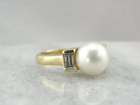 Rings Market Square Jewelers Pearl and Baguette Diamond Cocktail Ring Rings Market Square Jewelers Pearl and Baguette Diamond Cocktail Ring