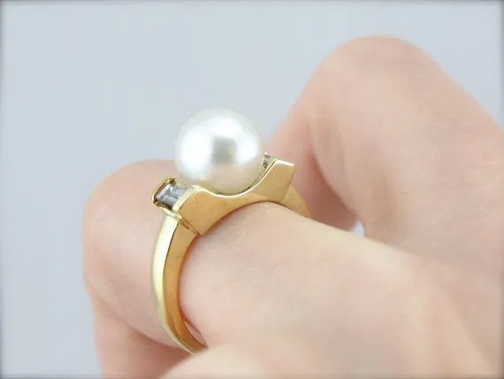 Rings Market Square Jewelers Pearl and Baguette Diamond Cocktail Ring Rings Market Square Jewelers Pearl and Baguette Diamond Cocktail Ring