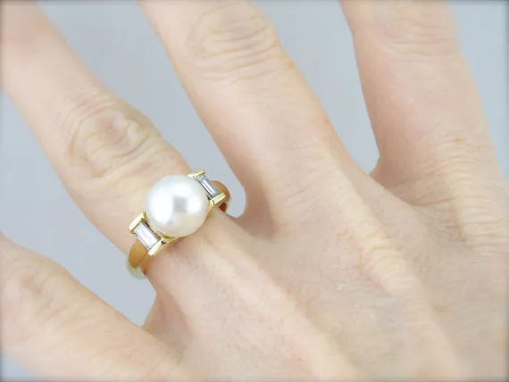 Rings Market Square Jewelers Pearl and Baguette Diamond Cocktail Ring Rings Market Square Jewelers Pearl and Baguette Diamond Cocktail Ring