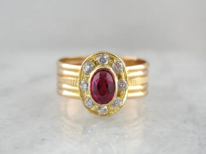 Rings Market Square Jewelers Synthetic Ruby and White Zircon Halo Ring in Yellow Gold Made with Vintage Parts Rings Market Square Jewelers Synthetic Ruby and White Zircon Halo Ring in Yellow Gold Made with Vintage Parts