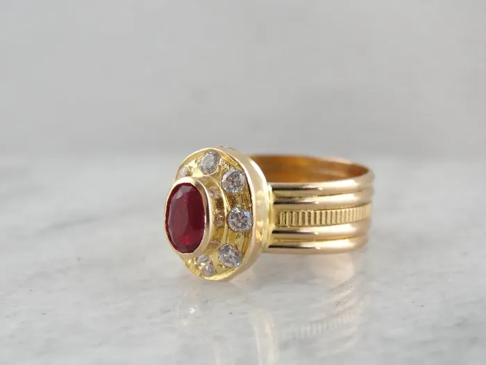 Rings Market Square Jewelers Synthetic Ruby and White Zircon Halo Ring in Yellow Gold Made with Vintage Parts Rings Market Square Jewelers Synthetic Ruby and White Zircon Halo Ring in Yellow Gold Made with Vintage Parts