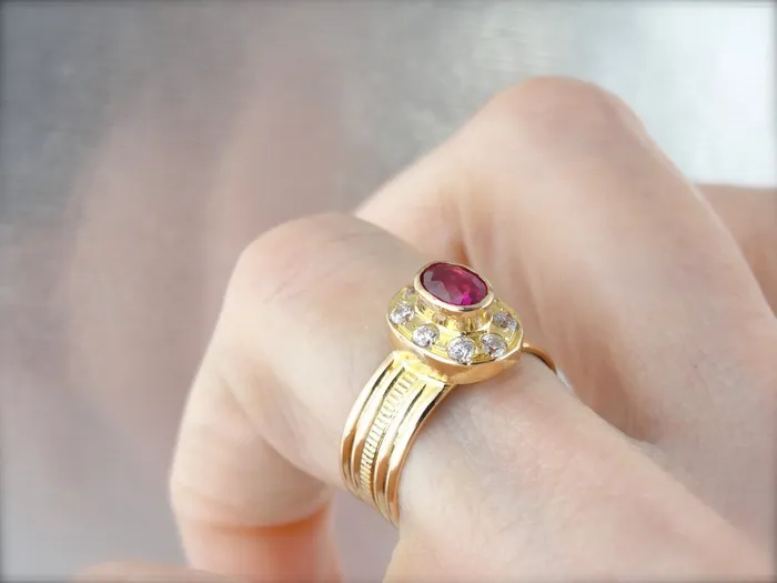 Rings Market Square Jewelers Synthetic Ruby and White Zircon Halo Ring in Yellow Gold Made with Vintage Parts Rings Market Square Jewelers Synthetic Ruby and White Zircon Halo Ring in Yellow Gold Made with Vintage Parts