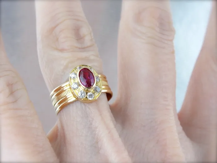 Rings Market Square Jewelers Synthetic Ruby and White Zircon Halo Ring in Yellow Gold Made with Vintage Parts Rings Market Square Jewelers Synthetic Ruby and White Zircon Halo Ring in Yellow Gold Made with Vintage Parts