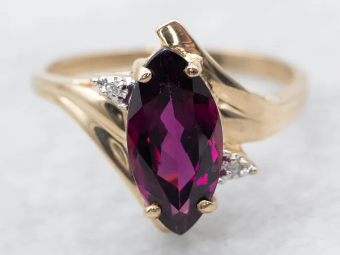 Rings Market Square Jewelers Yellow Gold Marquise Cut Rhodolite Garnet Bypass Ring with Diamond Accents