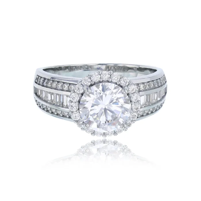 Sterling Silver Rhodium 8mm Round Cut Cubic Zirconia Halo with Micropave Round Baguette Sides Eng Ring Silver Rings Sterling Silver Rhodium 8mm Round Cut Cubic Zirconia Halo with Micropave Round Baguette Sides Eng Ring Silver Rings